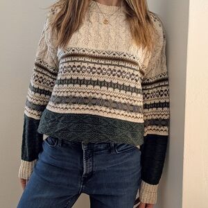 Vintage Abstract Geometric Textured Chunky Crewneck Sweater In Ivory